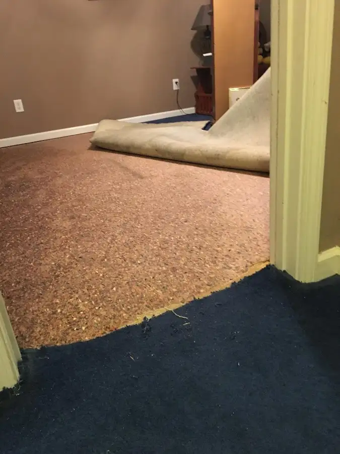 Carpet pad removal revealing water damage during Water Mitigation Services in Myrtle Beach